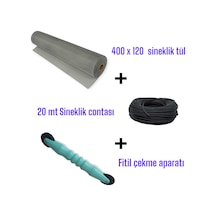 20 Mt Siyah Sineklik Contası + Fitil Çekme Aparatı + 400x120 Cm Sineklik Tülü Tam Set"