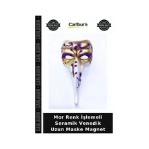 Mor Renk İşlemeli Seramik Venedik Uzun Maske Magnet Hatıra Hatırası Salon Aksesuarı Oda Süsü +3