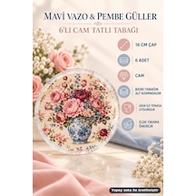 6'lı Cam Tatlı Tabağı - Mavi Vazo Ve Pembe Gül Desenli 16 Cm - 6 Adet Pasta Tabak