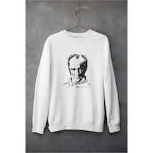 Magors Stıl-x Atatürk Silüeti Baskılı Bisiklet Yaka Oversıze Üç İplik Şardonlu Sweatshırt Beyaz