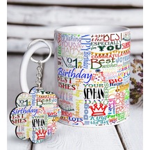 Kişiye Özel Happy Birthday Beyaz Kupa Ve Anahtarlık Seti-2
