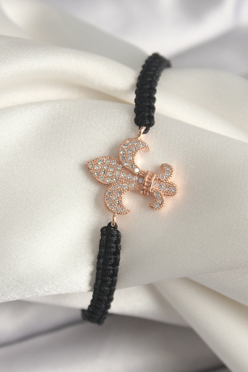 Pirinç Rose Renk Zirkon Taşlı Zambak Model Asansörlü Makrome Model Kadın Bileklik Rose Gold