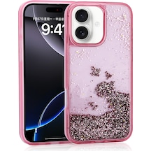 Mobilteam Apple Uyumlu iPhone 16 Kılıf Sıvılı Simli Şeffaf Arka Yüzey Keto Silikon Kapak - Pembe Pembe