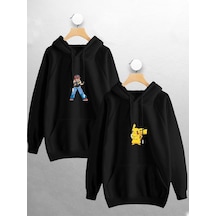 Macklin Sevgili Çift Kombini Ash Pikachu Baskılı Tasarım Kapüşonlu Sweatshirt 2'li Set Takım Siyah Mck0945 Siyah