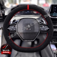 Peugeot 208 Dikme Direksiyon Kılıfı Full Alcantara Süet Kırmızı Yüzük Ve Kırmızı Dikiş 2019-2024 Siyah