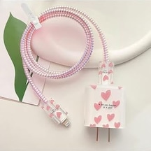 Psr Aksesuar Şarj Aleti Kılıfı & Kablo Koruyucu Set İphone 18w/20w Uyumlu Adaptör Kılıfı, Kablo Düzenleyici, Şarj Ucu Koruyucu 4'lü Set Pembe Love
