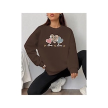 Herkesemoda Love Baskı Detaylı Bisiklet Yaka Sweatshirt Kahverengi