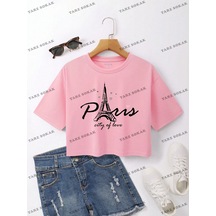 Flood Of Style Crop Ckod-232913 Eyfel Kulesi Yazılı Baskılı Kısa Pembe