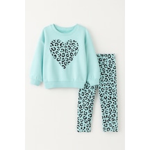 Kız Çocuk Çiçek - Leopar Detaylı 3 İplik Alt Üst Takım Sweatshirt + Tayt Mint