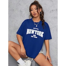 New York Come True T-shirt - Sax Mavi Baskılı Oversize Bisiklet Yaka Kısa Kol Tişört Saks Mavi
