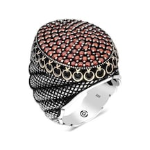 Gümüş Kırmızı Zirkon Taşlı Oval Erkek Yüzük (546038466)