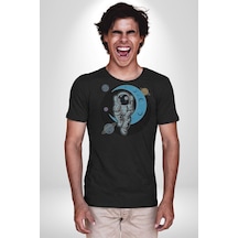 Astronot Uzayda Sıkılmış Unisex Unisex Siyah Organik Baskılı T-shirt Penye Yüksek Kalite Siyah