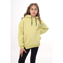 Toontoy Kız Çocuk Oversize Kapüşonlu Cepli Düşük Omuz Baskılı Yırtmaçlı Sweatshirt - 3 İplik Şardonlu Açık Yeşil
