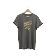 Fishing Balık Avı Kamuflaj Desenli Balık Baskılı %100 Pamuk Regular Fit Gri T-shirt Gri
