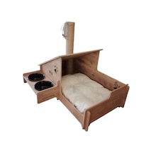 Realwood Ahşap Seramik Kaseli Tırmalama Çubuklu Açık Kapalı Kedi Evi