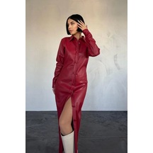 Fuşya Boydan Düğmeli Deri Elbise Fuşya Fuşya Boydan Düğmeli Deri Elbise Fuşya