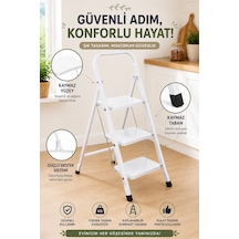 Perilla Class 3 Basamaklı Kaymaz Tabanlı Katlanır Metal Merdiven - Ekstra Güçlü Beyaz 101-150cm Arası