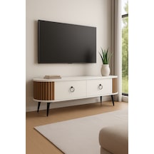Linea 180 Lik Ovalli Çıtalı 2 Kapaklı Tv Ünitesi Ceviz Detaylı, 180 Cm, Duvara Monte Edilebilir Beyaz