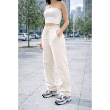 Winmoda34 Kadın Trend Bol Paça Modal Kumaş Eşofman Altı Çift Cepli Wide Leg Krem