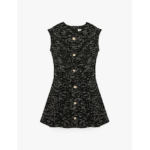 Koton Slim Fit Mücevher Düğmeli Bisiklet Yaka Kolsuz Tüvit Mini Kloş Elbise Siyah Desenli 7wak80023ek Bdl