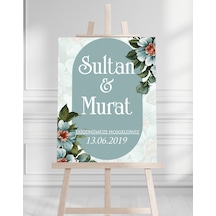 Söz Nişan Düğün İçin 50x70 Karşılama Panosu - Turkuaz Çiçek Tasarımlı Beyaz