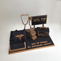 Kişiye Özel Acil Tıp Uzmanı Masa İsimliği Ve Kartvizitlik Siyah - Altın