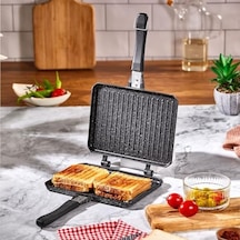 Çift Taraflı Ocak Üstü Döküm Tost Makinesi, Granit Efektli Yanmaz Yapışmaz Sandviç Ve Tost Tavası - Hamburger, Omlet Ve Aperatifler İçin İdeal Ergonomik Saplı Kolay Temizlenebilir Grill Tava