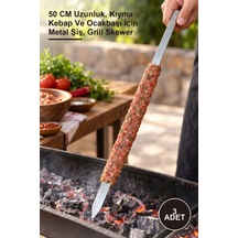 3 Adet Geniş Yassı Metal Adana Kebap Şişi 50 Cm Uzunluk, Kıyma Kebap Ve Ocakbaşı İçin Metal Şiş, Grill Skewer