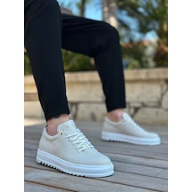 Pabucmarketi Bağcıklı Keten Erkek Ayakkabı Krem Beyaz Taban Çok Renkli