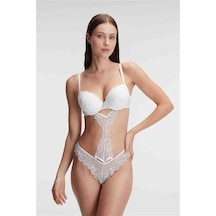 Ang Butik Kadın Destekli Balenli Kaplı Dantel Detaylı Sütyen Slip İç Çamaşırı Takımı Ekru