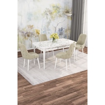 Mona Beyaz Mermer 80x132 Açılabilir Mdf Masa Yemek Odası Takımı, Mutfak Takımı 4 Adet Sandalye Beyaz Mermer - 4 Krem - Beyaz Ayak