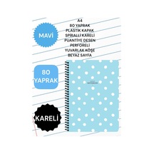 Kareli A4 80 Yaprak Plastik Kapak Spiralli Puantiye Desen Perforeli Yuvarlak Köşe Beyaz Sayfa Mavi