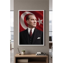 Beyaz Ahşap Çerçeveli Atatürk Türk Bayrağı Temalı Duvar Tablosu Tekli Set Klasik Portre Desenli Modern Dekorasyon Kabartma Görünümlüdür Beyaz