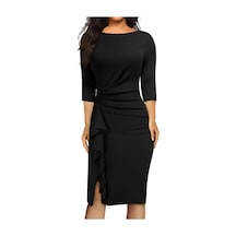 Kadın Büyük Beden Siyah Bodycon Fırfırlı Yırtmaçlı Büyük Beden Elbise Siyah