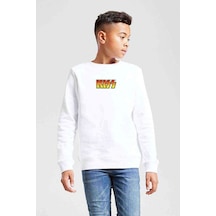 Tshirthane Kiss Logo Baskılı Unisex Çocuk Beyaz Sweatshirt Beyaz