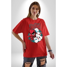 Japon Anime Tengu Maske Pamuklu Bisiklet Yaka Unisex Oversize Boyfriend Dijital Baskılı Kırmızı T-shirt Kırmızı
