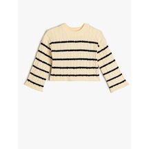 Koton Crop Kazak Yuvarlak Yaka Dokulu Uzun Kollu Ekru Çizgili 5wkg90041at Ekru