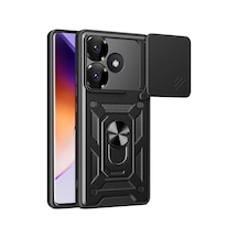 Xiaomi Poco F6 Kılıf Sürgülü Kamera Koruyucu Manyetik Standlı Tank Koruma Pazarplus Siyah