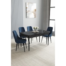 Jusie Siyah Mermer Desen 80x132 Açılabilir Yemek Odası Takımı 4 Adet Sandalye Lacivert