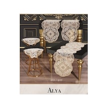 Salon Takımı 5 Parça Dantelli Masa Örtüsü Runner Seti Alya Model No124 - Gold Çok Renkli
