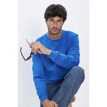 Unisex Relax Fit Rahat Kesim %100 Pamuk Basic Saks Mavi Bisiklet Yaka Sweatshirt-31743-saks Mavi Saks Mavi