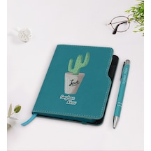 Kişiye Özel Kaktüs Tasarımlı Turkuaz Termo Deri Defter Kalem Seti N11.2139