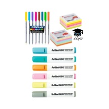 6 Adet Fosforlu Kalem 8 Adet Tükenmez Kalem 1er Adet Neon Ve Pastel Yapışkanlı Kağıt Yazı Seti Çok Renkli