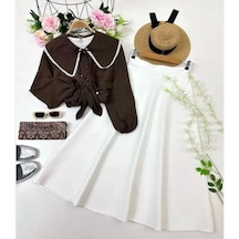 Lovie Moda Kadın Yaka İşlemeli Etekli Takım Kahverengi