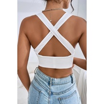 Kadın Modern Stil Beyaz Çapraz Sırt Detaylı Şık Crop Top Büstiyer