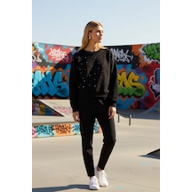 Benerly Kadın Bisiklet Yaka Düşük Kol Regular Örme Sweatshirt Fonksiyonel siyah
