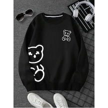Startmore Ayıcık Baskılı Üç İplik Kalın Bisiklet Yaka Unisex Oversize Sweatshirt Siyah
