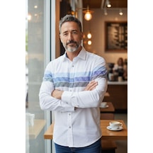 Klasik %100 Cotton Uzun Kollu Terletmeyen Kışlık Flanel Kumaş 3 Renkli Çizgili Gömlek Regular Kalıp -10528 Beyaz