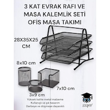 3 Kat Metal Evrak Rafı Ve 3'lü Masa Kalemlik Seti, Ofis Masası Takımı, Siyah, 28x35x25 Cm Genel