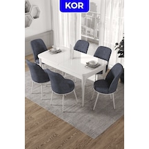 Canisa Kor Serisi 70x114 Açılabilir Mutfak Masası Takımı Beyaz Masa 6 Füme Sandalye Masa Beyaz Sandalyeler Füme